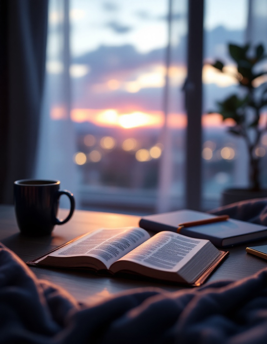 An open Bible and journal with coffee on a table at sunrise