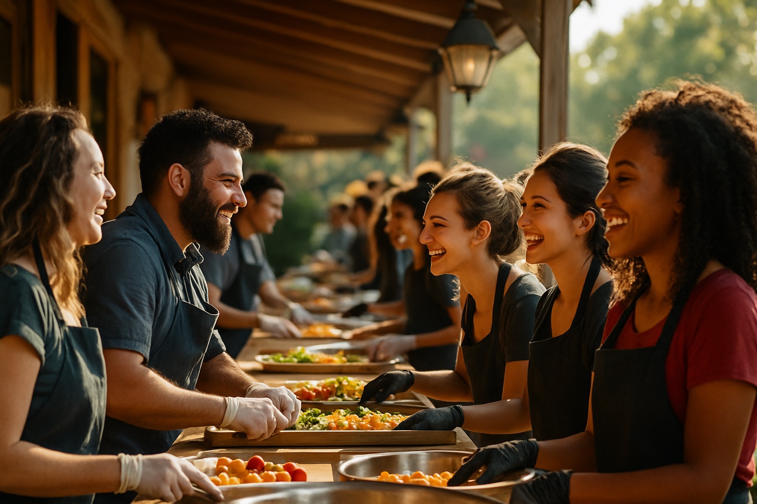 People smiling and serving a shared meal together outdoors
