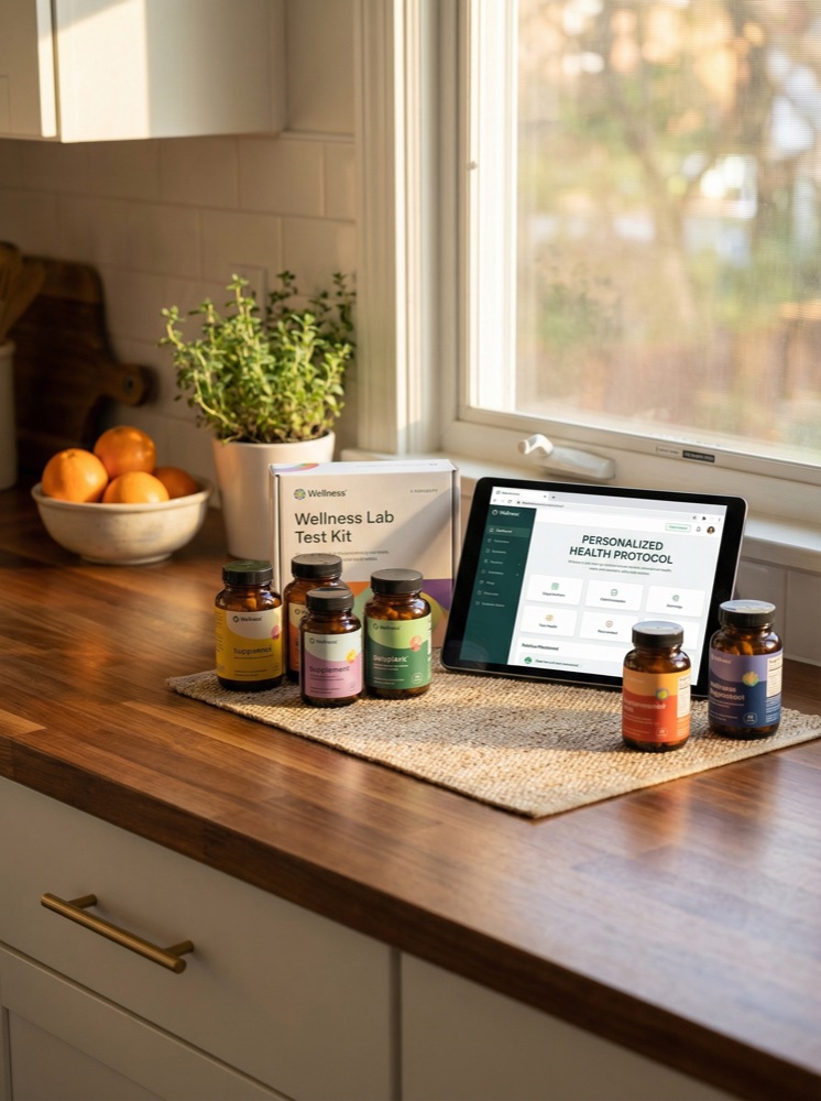 Lab test kit and physician-curated supplements on a kitchen counter